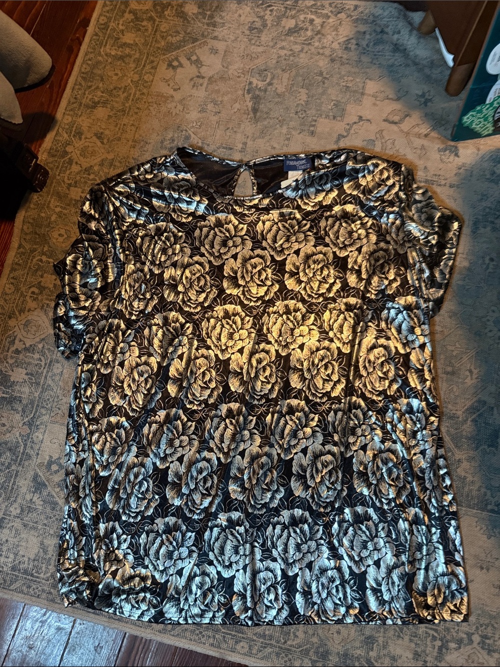 Pleione Black Top with Metallic Silver Floral Pattern